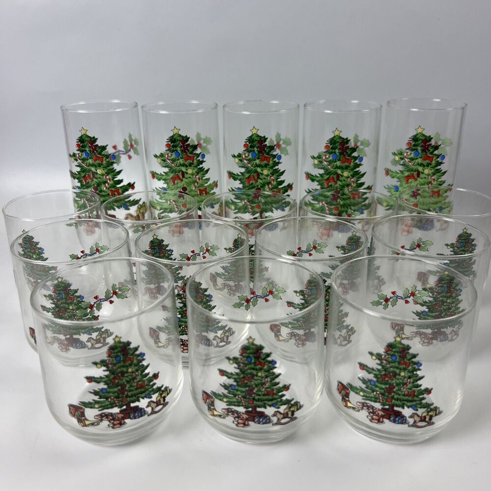Luminarc Holiday Hostess Glasses Tumblers Christmas Tree in 2 sizes Lot of 17